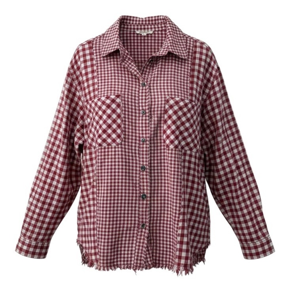 Oli & Hali Multi Buffalo Check Fringe Button Up Top Shacket L Red Side Pockets - Picture 1 of 9